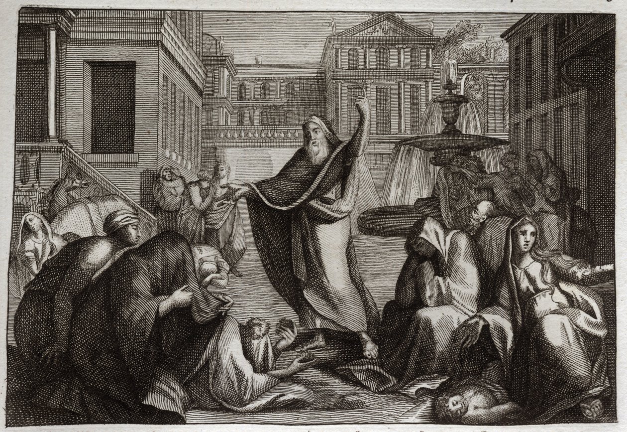 Biblia Royaumont, Stary Testament: Pokuta Niniwitów. Mieszkańcy Niniwy pokutują za orzeczeniem świętego proroka Jonasza. Ilustracja z 1811 roku. autorstwa Unknown artist