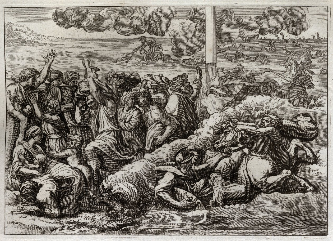 Biblia Royaumont, Stary Testament: Faraon zanurza się w Morzu Czerwonym. Przejście przez Morze Czerwone przez Mojżesza i Hebrajczyków, zatopienie armii faraona. Ilustracja z 1811 roku. autorstwa Unknown artist