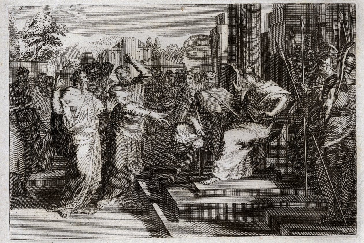 Biblia Royaumont, Stary Testament: Piete Jozafata. Jehoszafat, najpobożniejszy król Judy, wprawia w drżenie wszystkich otaczających go książąt i na różne sposoby świadczy o swojej pobożności wobec Boga, co uczyniło go zwycięskim nad wrogami. Ilustracja autorstwa Unknown artist