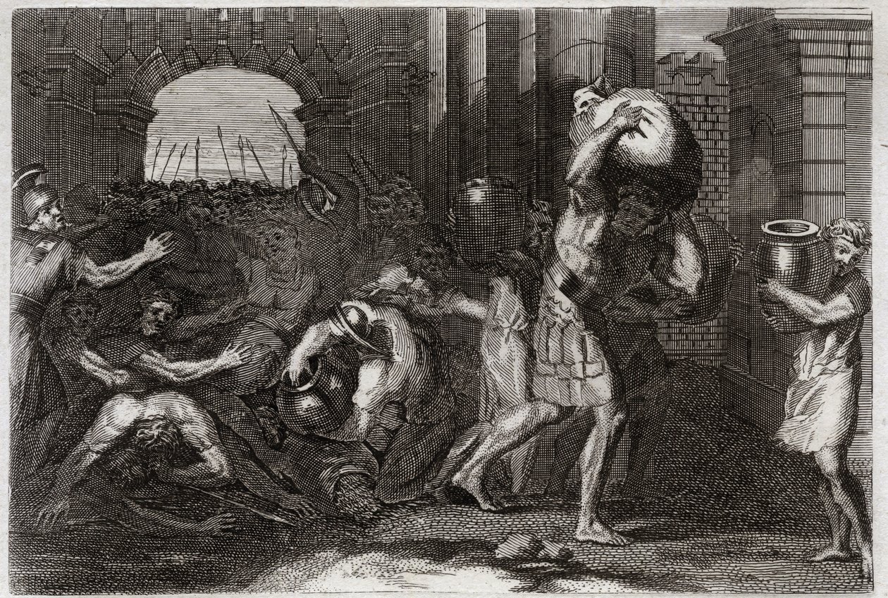 Biblia Royaumont, Stary Testament: Przepowiednia Elizeusza. Pan Samarii, który zmylił słowa Elizeusza, tłoczy się u jego stóp. Ilustracja z 1811 roku. autorstwa Unknown artist