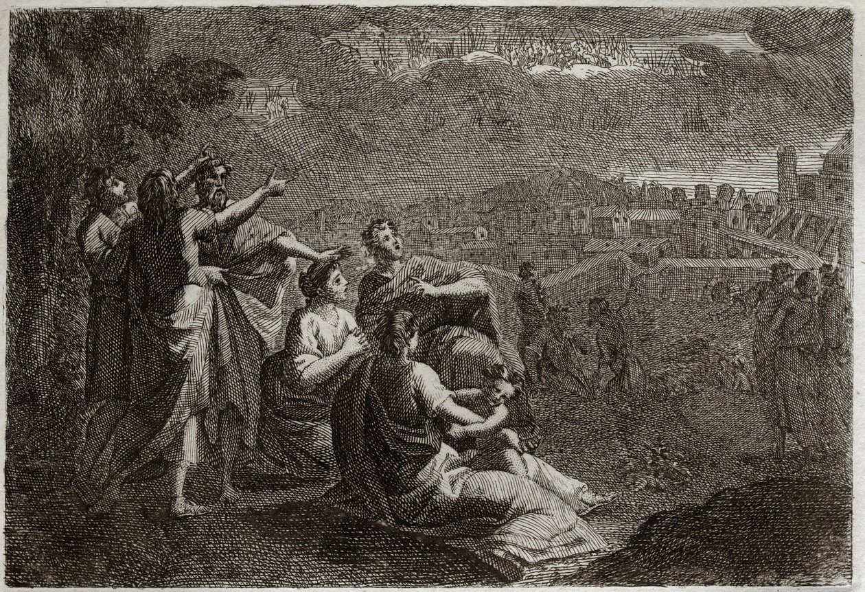 Biblia Royaumont, Stary Testament: Prognozy dotyczące Jerozolimy. Bóg oddał broń w powietrzu na Jerozolimę, aby żerować na niej zło, które miało się na niej roztopić. Ilustracja z 1811 roku. autorstwa Unknown artist