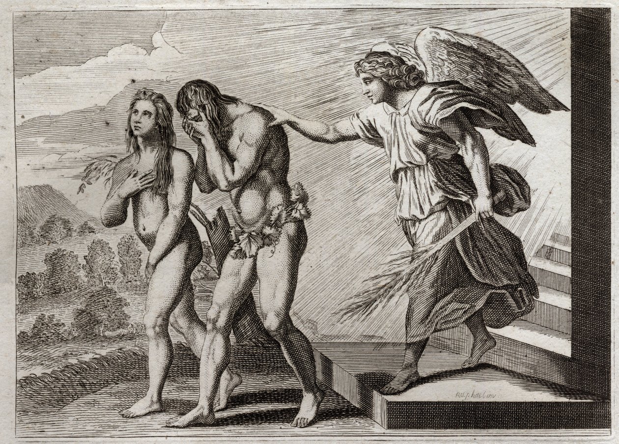 Biblia Royaumont, Stary Testament: Kara Adama. Bóg wypędza Adama i Ewę z Raju po ich upadku i stawia Cherubina u drzwi, aby bronić ich wejścia. Ilustracja z 1811 roku. autorstwa Unknown artist