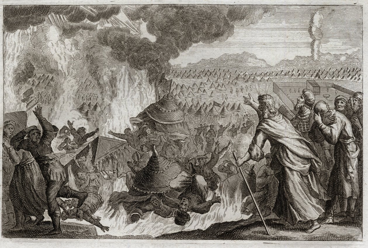 Biblia Royaumont, Stary Testament: Kara niebiańskiego ognia. Core (Kore), Datan (Datan, Nathan) i Abrron (Abiram) szemrzący przeciwko Mojżeszowi i wpływając na władcę Pretrise, zostają żywcem zniszczeni, a ziemia otwiera się, by ich pożreć. Odcinek autorstwa Unknown artist