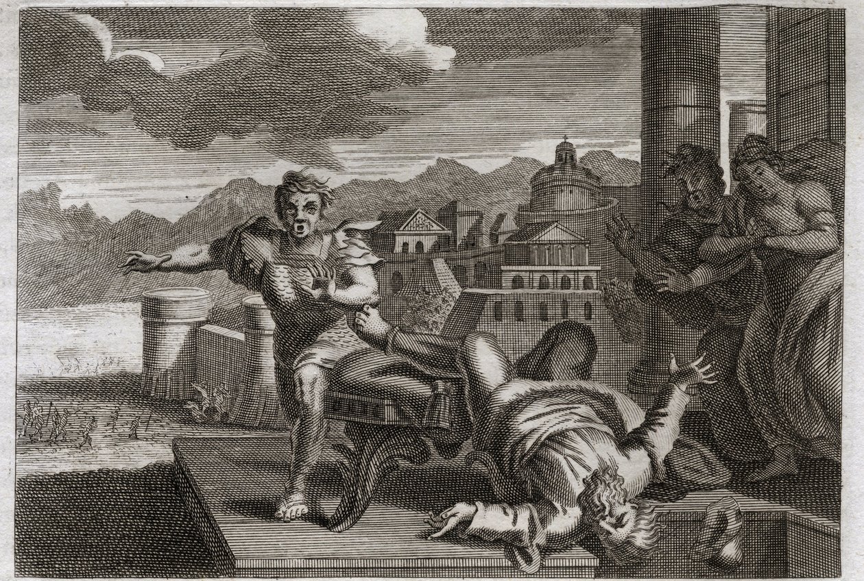 Biblia Royaumont, Stary Testament: Kara Heli. Bóg, aby ukarać wielkiego kapłana Heli (Eli) za jego zaniedbanie w przejmowaniu rozkazów swoich dzieci, pozwala mu upaść z siedzenia i złamać głowę, słysząc wiadomość o ich śmierci autorstwa Unknown artist