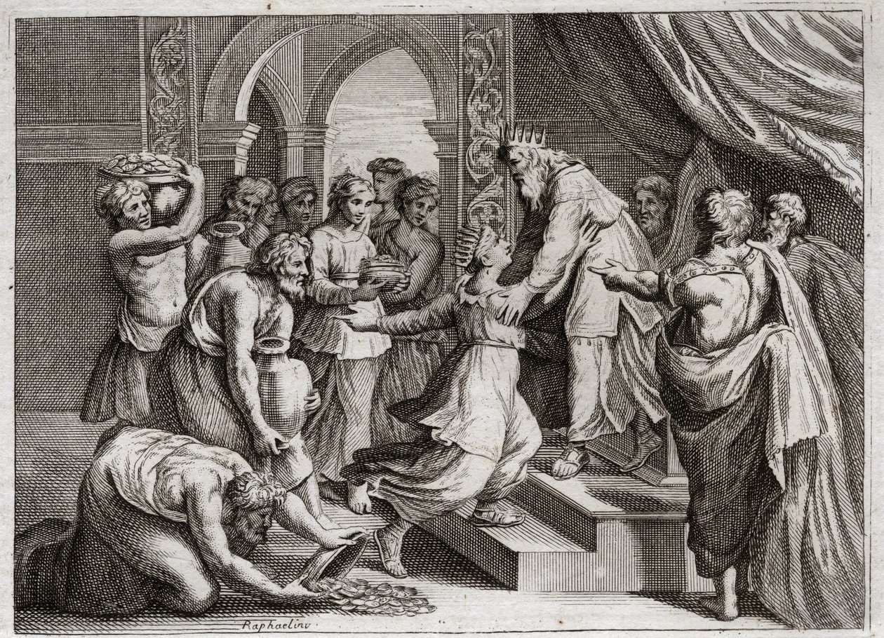 Biblia Royaumont, Stary Testament: Królowa Saby. Królowa Saby przybywa do Salomona, aby wysłuchać jego mądrości i ofiarować mu prezenty. Ilustracja z 1811 roku. autorstwa Unknown artist