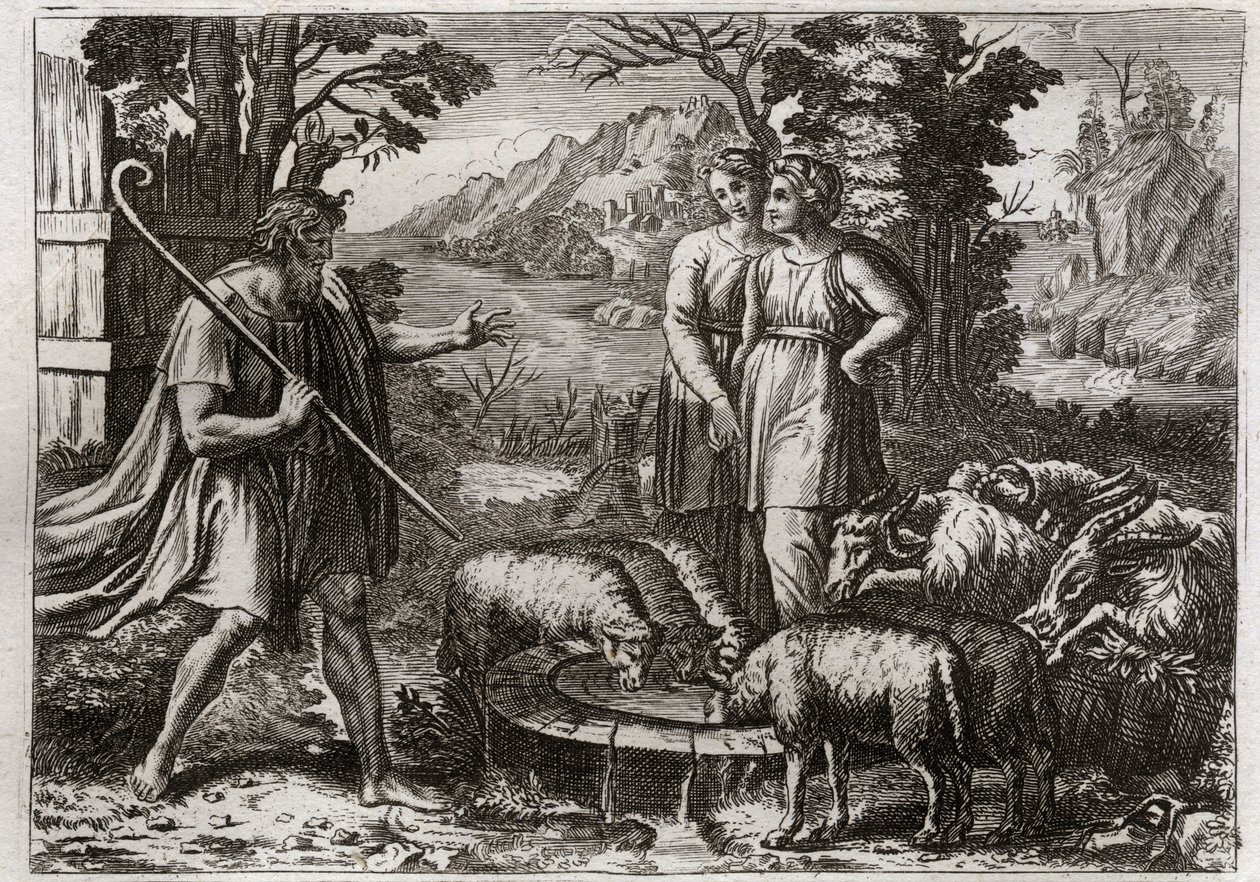 Biblia Royaumont, Stary Testament: Rachela i Lea. Jakub służył Labanowi, swemu wujowi, aby poślubić jego córkę Rachelę. Ilustracja z 1811 roku. autorstwa Unknown artist