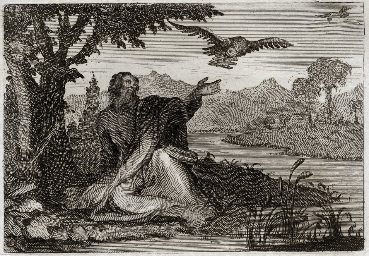 Biblia Royaumont, Stary Testament: Kruki Eliasza. Bóg uderzył w ziemię trzyletnim bezpłodnością, posłał proroka Eliasza strumieniem lub dwie wrony przyniosły mu jedzenie. Ilustracja z 1811 roku. autorstwa Unknown artist