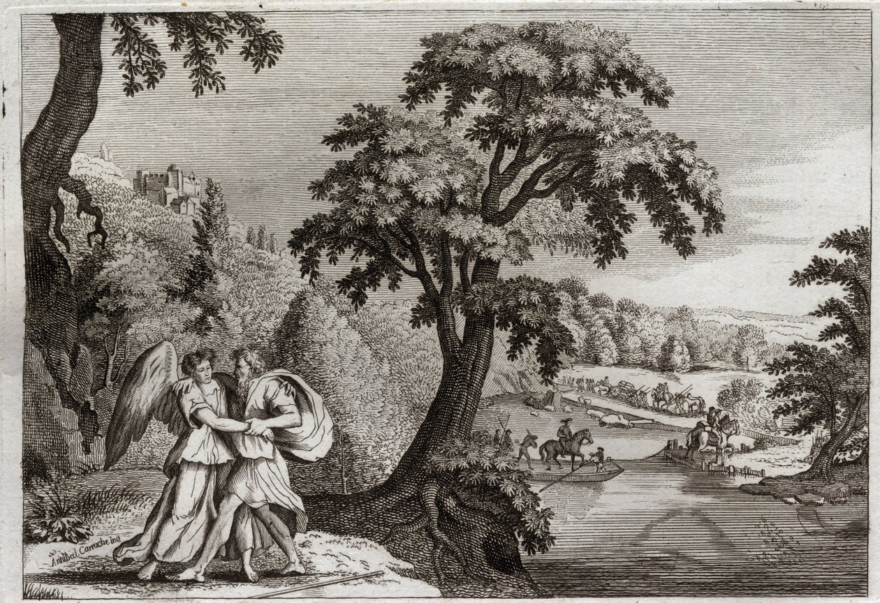 Biblia Royaumont, Stary Testament: Pojednanie Ezawa z Jakubem. Mądrość Jakuba, by zmiękczyć Ezawa. Jego walka z Aniołem. Ilustracja z 1811 roku. autorstwa Unknown artist