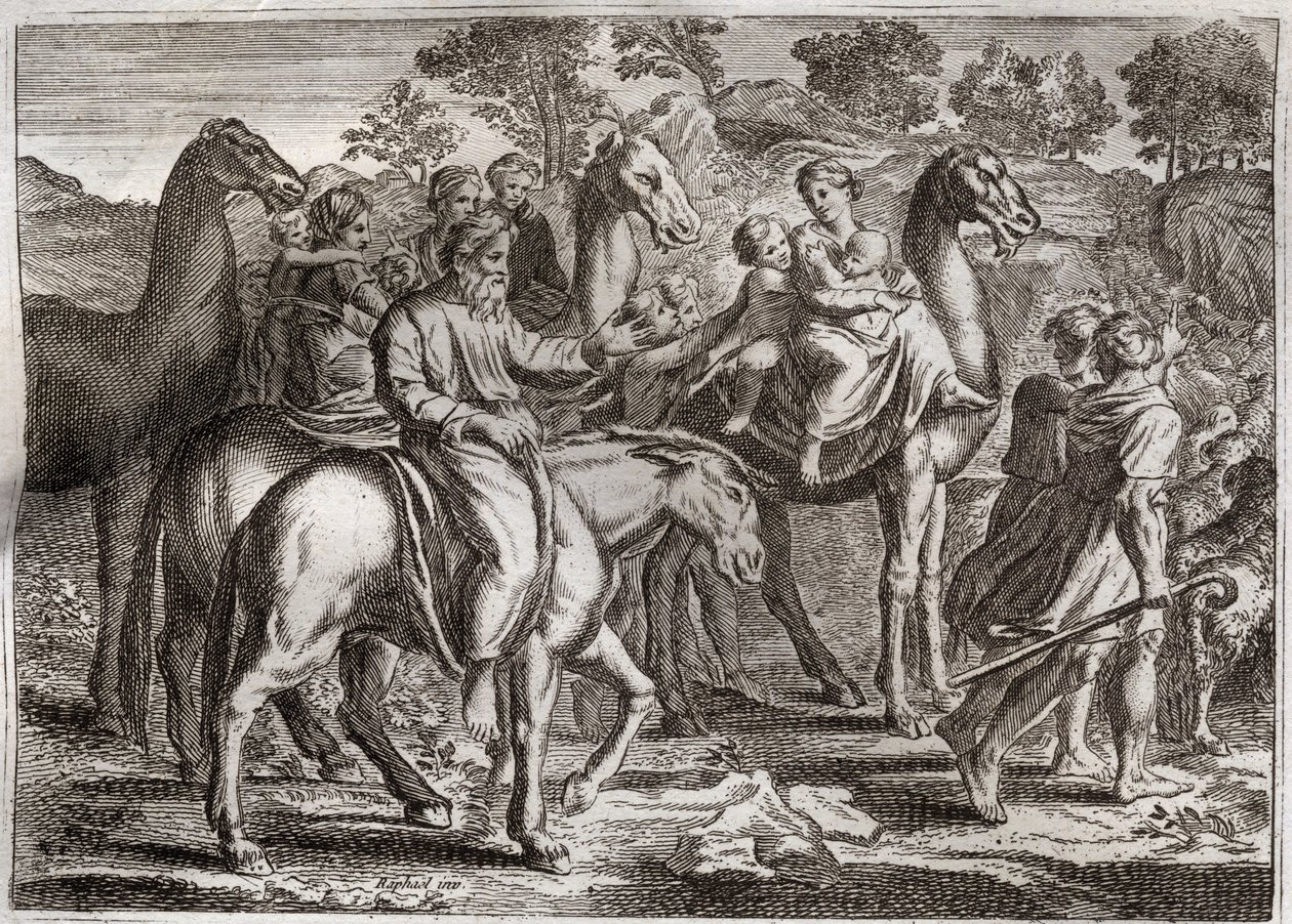 Biblia Royaumont, Stary Testament: Powrót Jakuba. Powrót Jakuba do Ziemi Kanaan z jego żonami, Rachelą i Leą oraz dziećmi. Ilustracja z 1811 roku. autorstwa Unknown artist
