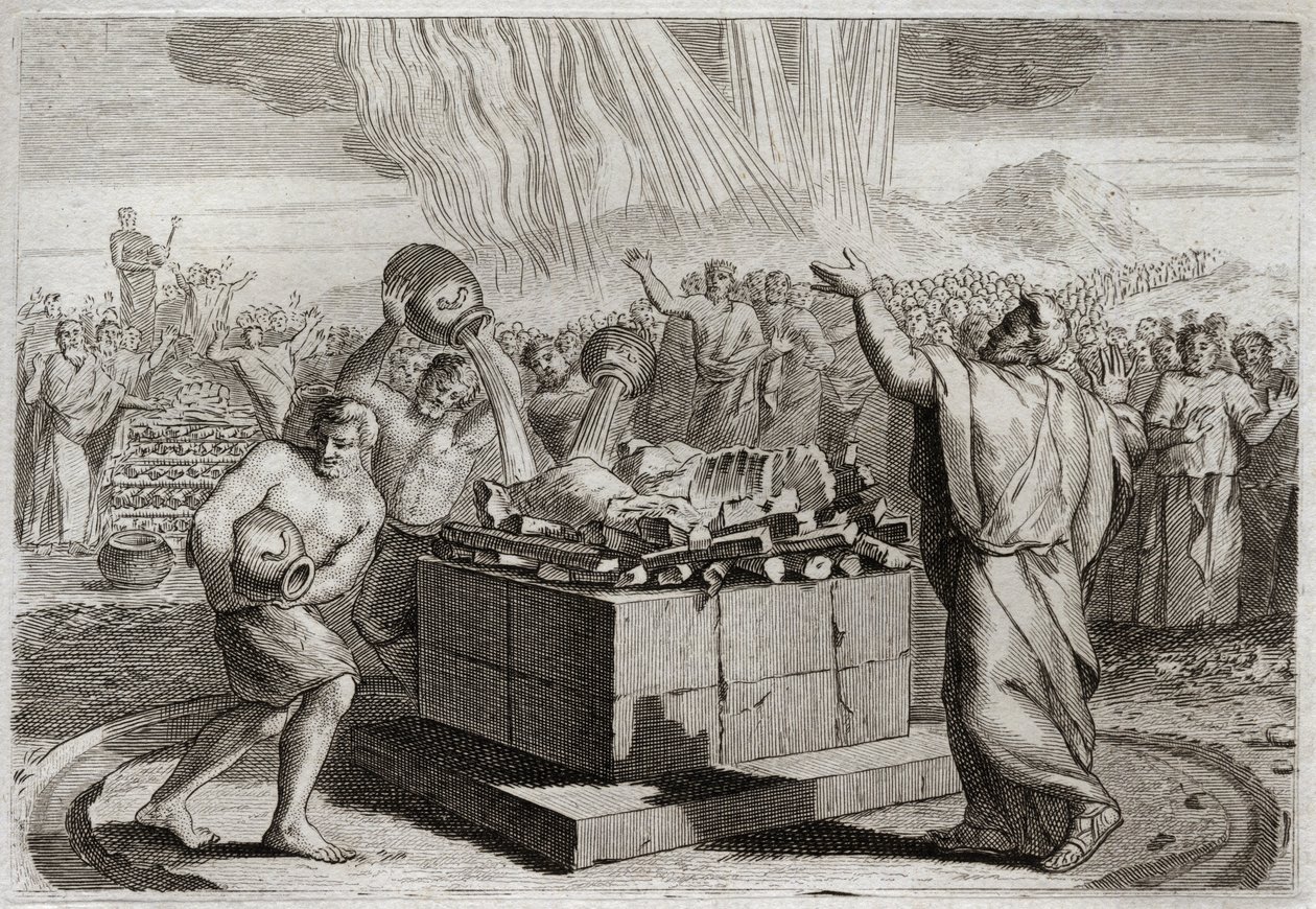Biblia Royaumont, Stary Testament: Ofiara Eliasza. A gdy objawił prawdziwego Boga cudem ognia, który zstąpił z nieba na jego ofiarę, nakazał ludowi zabić czterystu pięćdziesięciu kapłanów bożka Baala. Ilustracja autorstwa Unknown artist