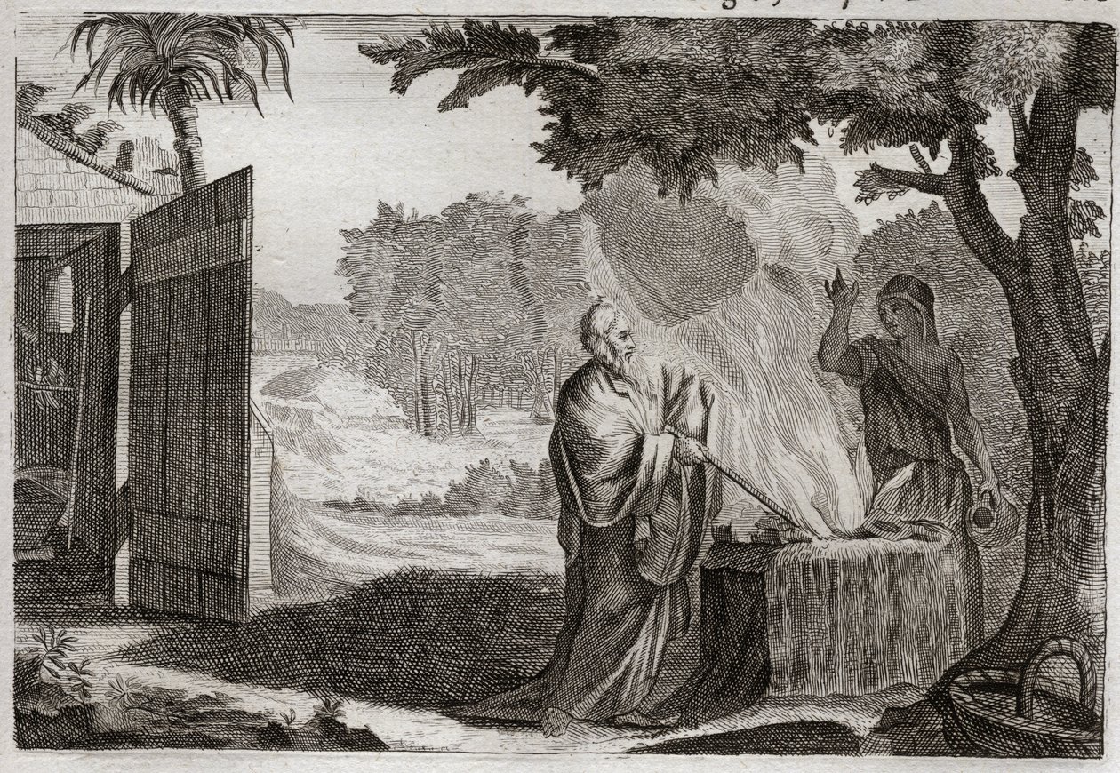 Biblia Royaumont, Stary Testament: Ofiara Gedeon. Gedeon (Gideon) jest powołany przez Boga do odebrania Żydów ich wrogom. Składa ofiarę na kamieniu, z którego wydobywa się ogień, który go trawi. Ilustracja z 1811 roku. autorstwa Unknown artist