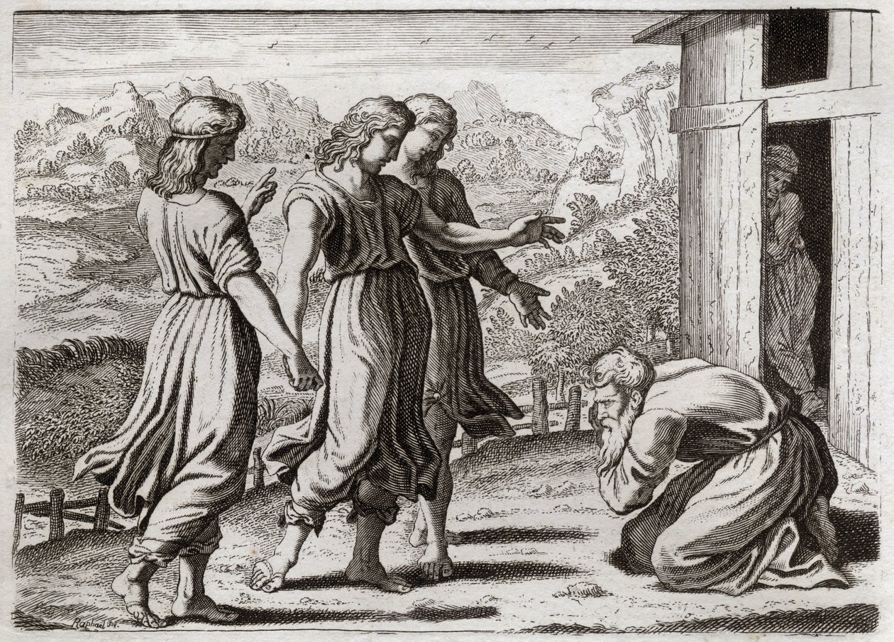Biblia Royaumont, Stary Testament: Sara concots Izaaka. Abraham przyjmuje trzech Aniołów, którzy obiecują Sarze (Sarah), że za rok będzie miała syna. Ilustracja z 1811 roku. autorstwa Unknown artist