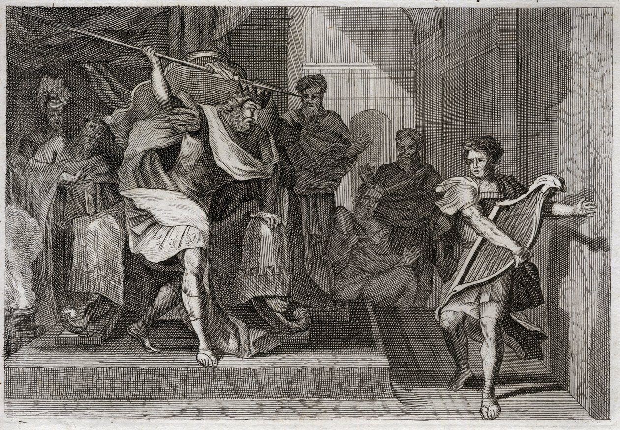 Biblia Royaumont, Stary Testament: Saul chce zabić Dawida. Saul pełen złości i zazdrości na Dawida, chce przebić swoją włócznię, gdy grał przed nim na harfie. Ilustracja z 1811 roku. autorstwa Unknown artist