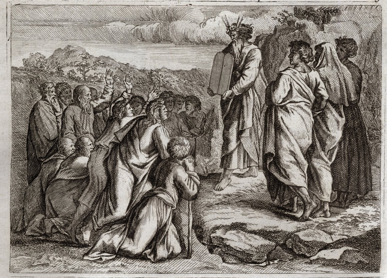 Biblia Royaumont, Stary Testament: Drugie Tablice Prawa. Bóg daje Mojżeszowi inne tablice (Dziesięć Przykazań), które ludzie przyjmują z szacunkiem. Ilustracja z 1811 roku. autorstwa Unknown artist