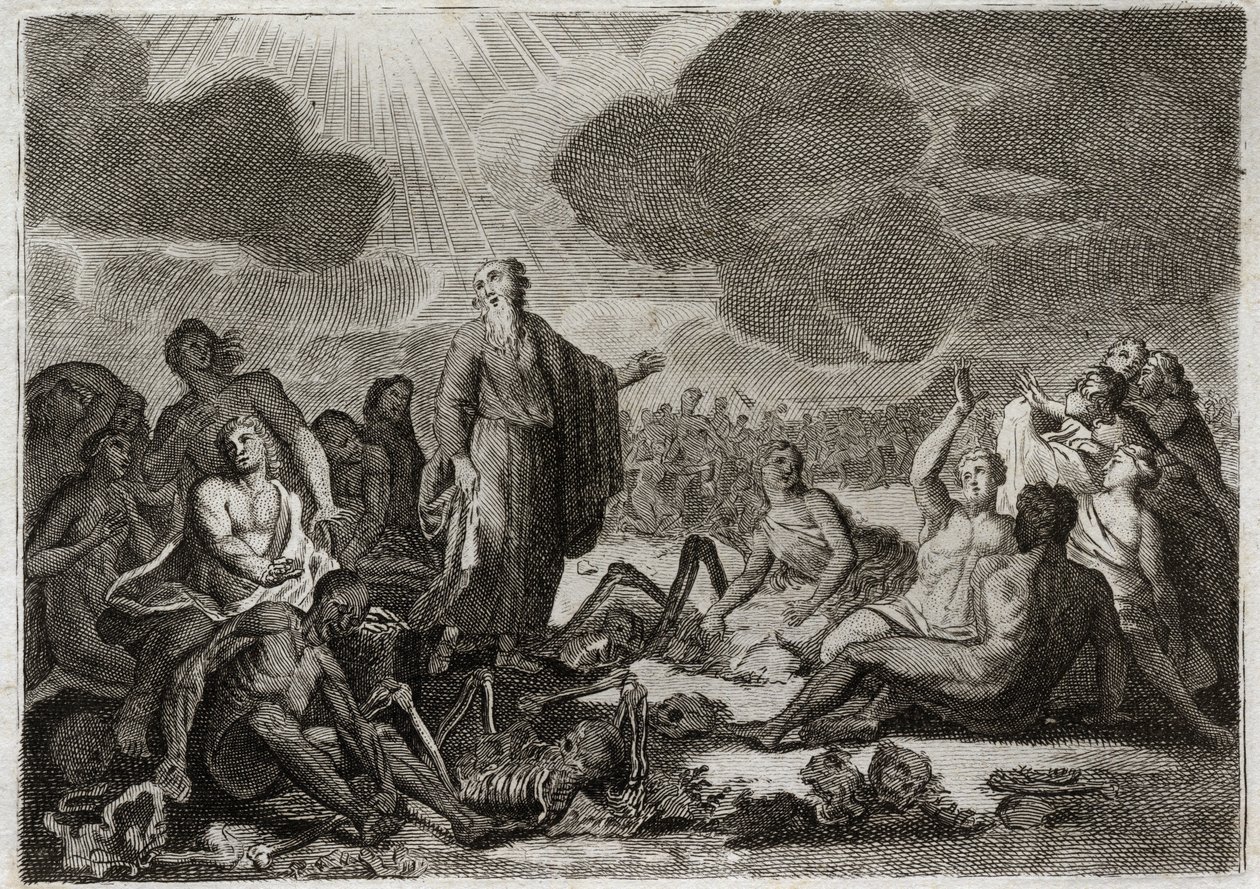 Biblia Royaumont, Stary Testament: Druga wizja Ezechiela. Wizja, którą prorok Ezechiel miał z kilku kości, wszystkie deseches, które przybrały ludzką postać. Ilustracja z 1811 roku. autorstwa Unknown artist