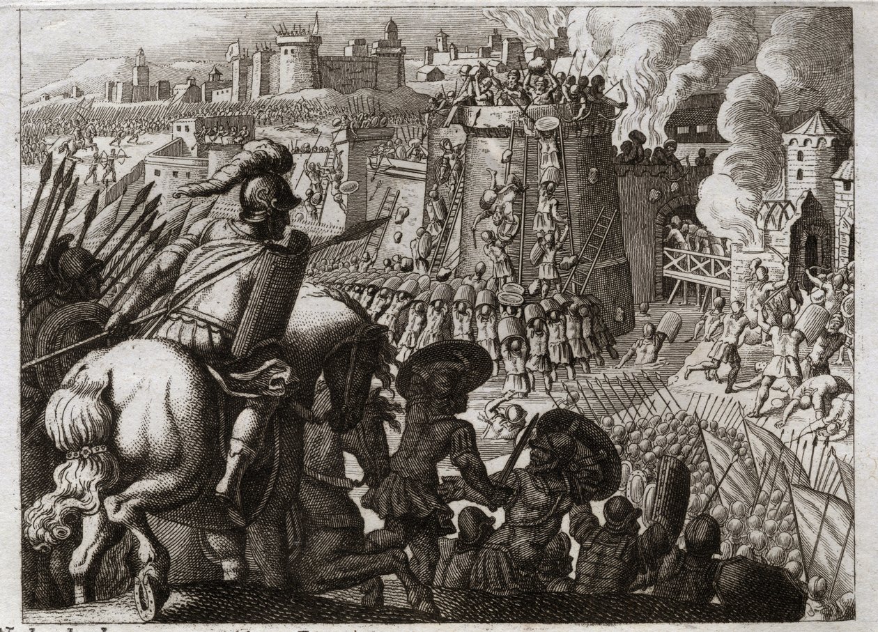 Biblia Royaumont, Stary Testament: Oblężenie Jerozolimy. Nabuchodonozor II obległ Jerozolimę, zdobył ją i sprowadził do Babilonu wszystkie bogactwa i wszystkich mieszkańców tego miasta. Ilustracja z 1811 roku. autorstwa Unknown artist