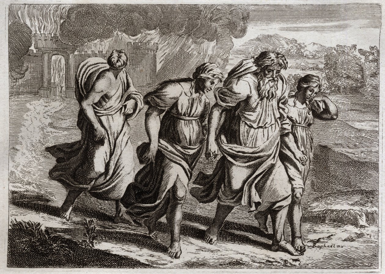 Biblia Royaumont, Stary Testament: Sodom brulee. Bóg drażni ohydne zbrodnie Sodomy, pali ją wraz z innymi sąsiednimi miastami deszczem ognia i siarki, który spala z nieba (Loth, jego córki i jego żona uciekają z miasta). Ilustracja autorstwa Unknown artist