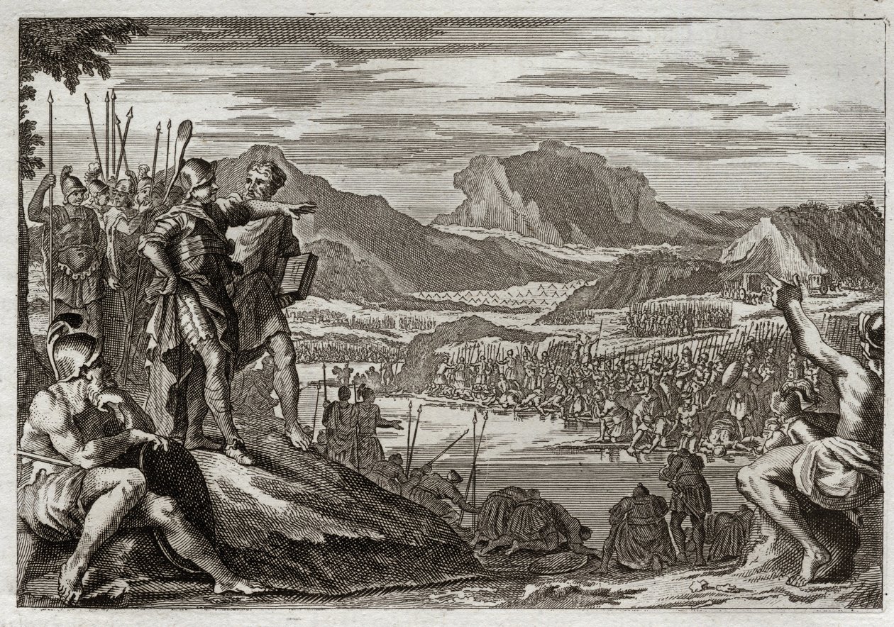 Biblia Royaumont, Stary Testament: Żołnierze Gedeon. Bóg nakazuje Gedeonowi (Gideonowi) poprowadzić wszystkie swoje wojska nad rzekę Jordan i daje mu znak, aby rozpoznać tych, których miał użyć do walki z Midianitami. Ilustracja z 1811 roku. autorstwa Unknown artist
