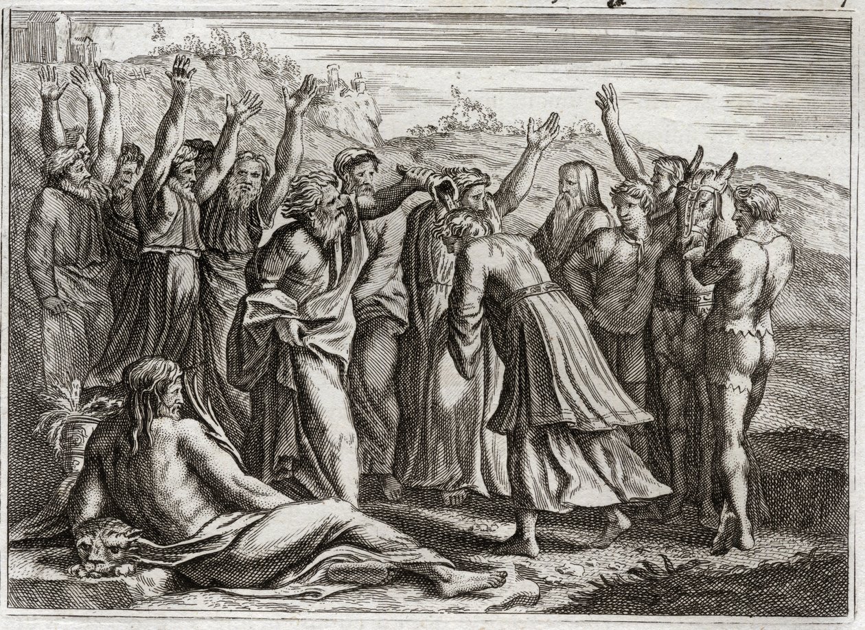 Biblia Royaumont, Stary Testament: Salomon King. Dawid ustanowił króla Salomona na modlitwę Betsabee i proroka Natana. Ilustracja z 1811 roku. autorstwa Unknown artist