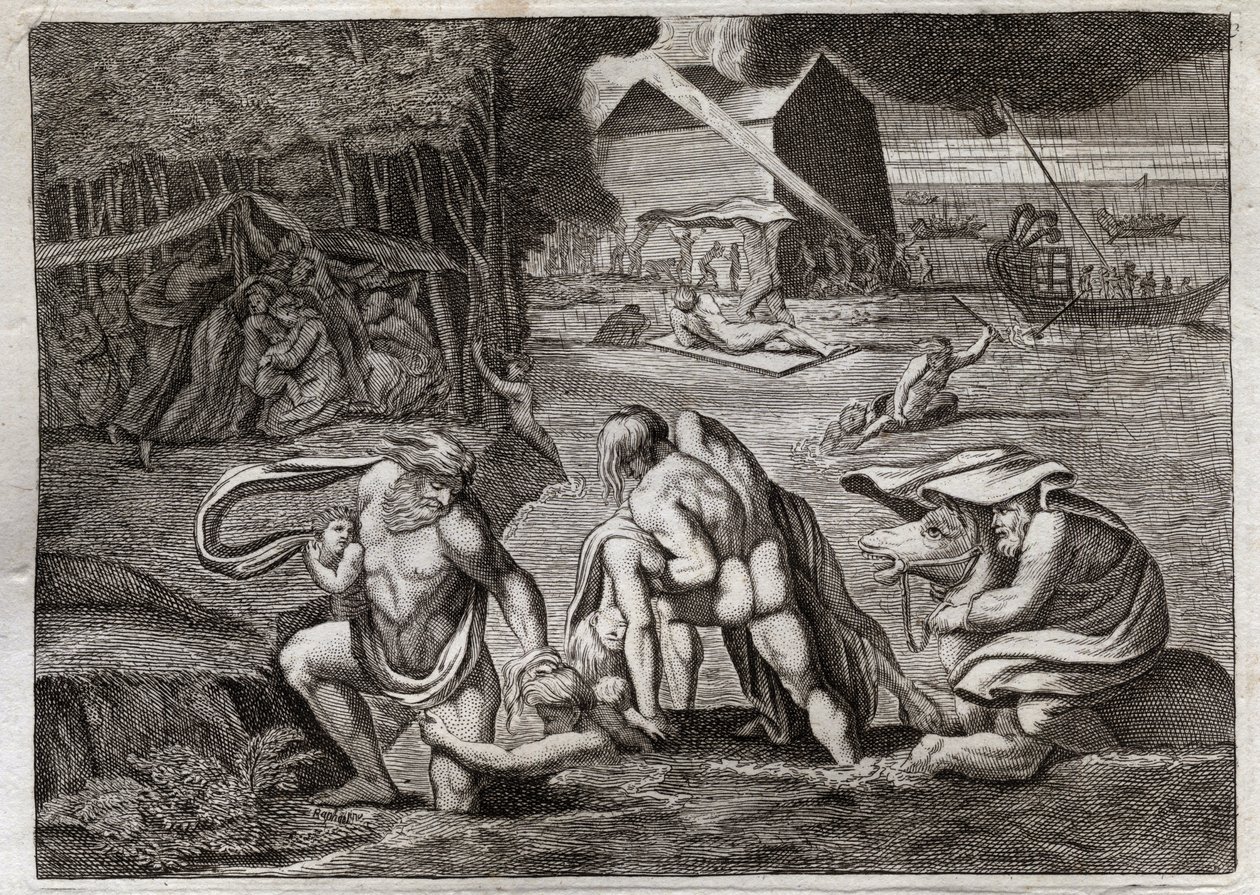 Biblia Royaumont, Stary Testament: Potop. Potop zalewa całą ziemię. Jedyna arka ratuje tych, którzy byli w niej zamknięci, przed zatonięciem. Ilustracja z 1811 roku. autorstwa Unknown artist