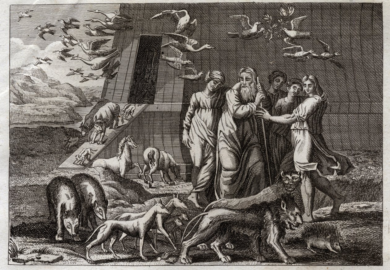 Biblia Royaumont, Stary Testament: Tęcza. Noe opuszcza Arkę i składa ofiarę Bogu, który przyjmuje ją życzliwie. Obiecuje, że nie ześle już więcej potopu na ziemię. Daje tęczę jako znak prawdziwości tej obietnicy. Ilustracja z 181 autorstwa Unknown artist