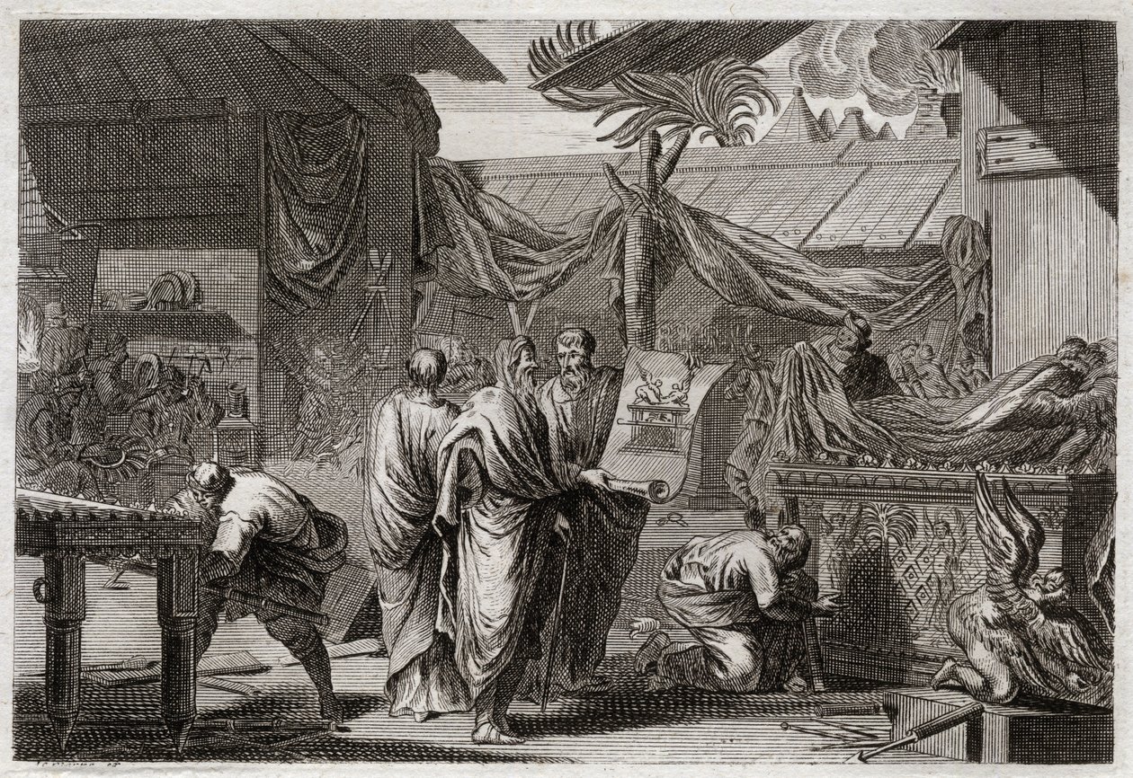 Biblia Royaumont, Stary Testament: Tabernakulum. Mojżesz ustawia Przybytek według porządku, który otrzymał od Boga. Ilustracja z 1811 roku. autorstwa Unknown artist