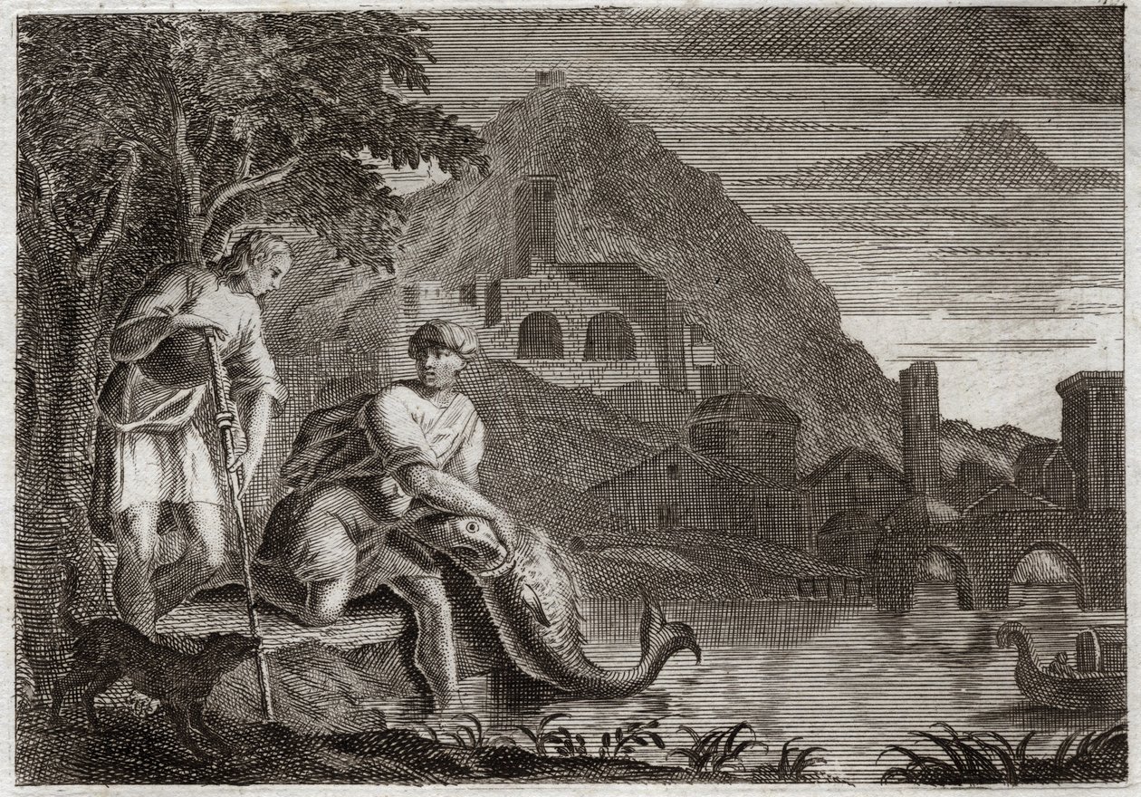 Biblia Royaumont, Stary Testament: Anioł prowadzi Tobiego. Młody Tobie jest przerażony rybą (cudowną), która chciała go zjeść. Anioł Rafael przychodzi z Bożego nakazu, aby poprowadzić go w podróż, którą musiał odbyć. Ilustracja z 1811 roku. autorstwa Unknown artist