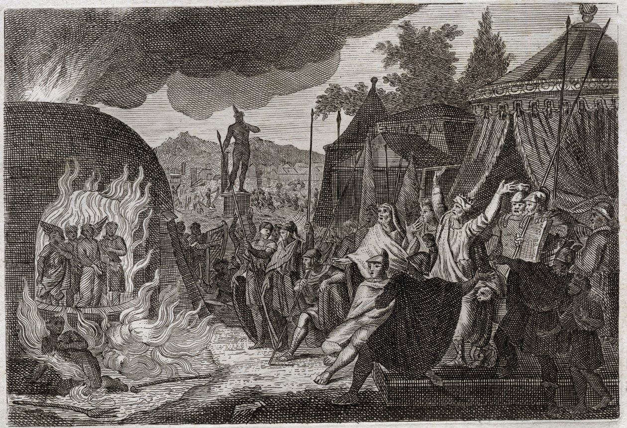 Biblia Royaumont, Stary Testament: Troje dzieci Babilonu w piecu. Król Nabuchodonozor II wrzuca trzech młodych Hebrajczyków do rozpalonego pieca, skąd w cudowny sposób się wydostają. Nazywają się Ananiasz, Azarias i Misael (lub Shadrac autorstwa Unknown artist