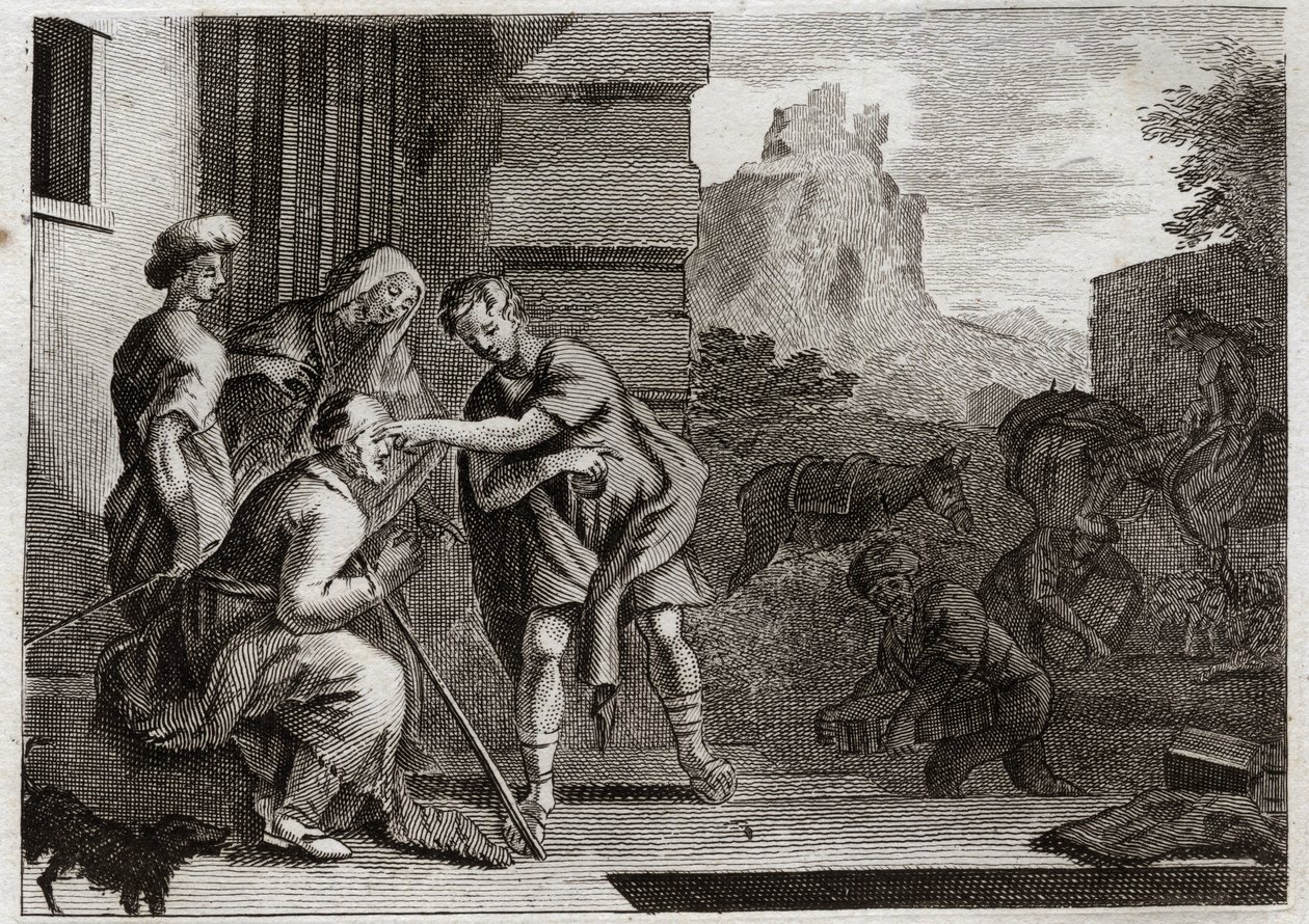 Biblia Royaumont, Stary Testament: Tobia odzyskuje wzrok. Młody Tobie daje ojcu widok, przesuwając przed jego oczami pole ryby, którą łowi za radą Archanioła Rafaela. Anioł daje się im poznać, a następnie znika. Ilustracja autorstwa Unknown artist