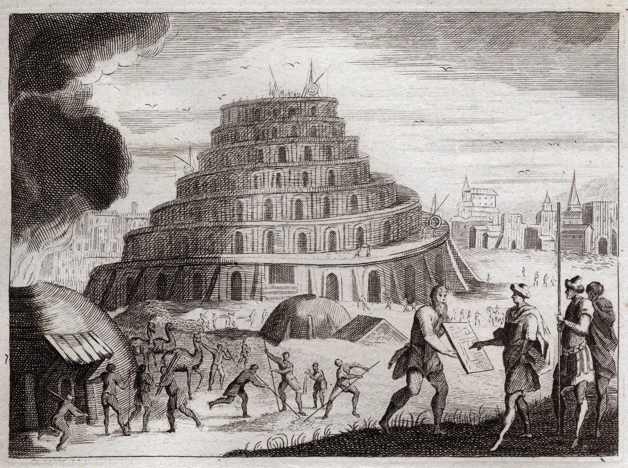Biblia Royaumont, Stary Testament: Wieża Babel. Ludzie chcą próżnością wznieść Wieżę do nieba. Bóg zapobiega tej pracy, mieszając ich języki, aby nie mogli już słyszeć siebie nawzajem. Ilustracja z 1811 roku. autorstwa Unknown artist