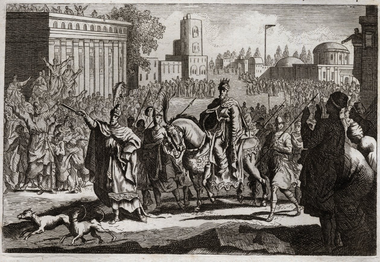 Biblia Royaumont, Stary Testament: Triumf Mardochee. Aman (Haman) zostaje zmuszony przez króla do opublikowania triumfu Mardochee (lub Mordechaja lub Mordechaj) swego wroga w mieście Susan (lepiej znanym jako Susa). Ilustracja z 1811 roku. autorstwa Unknown artist