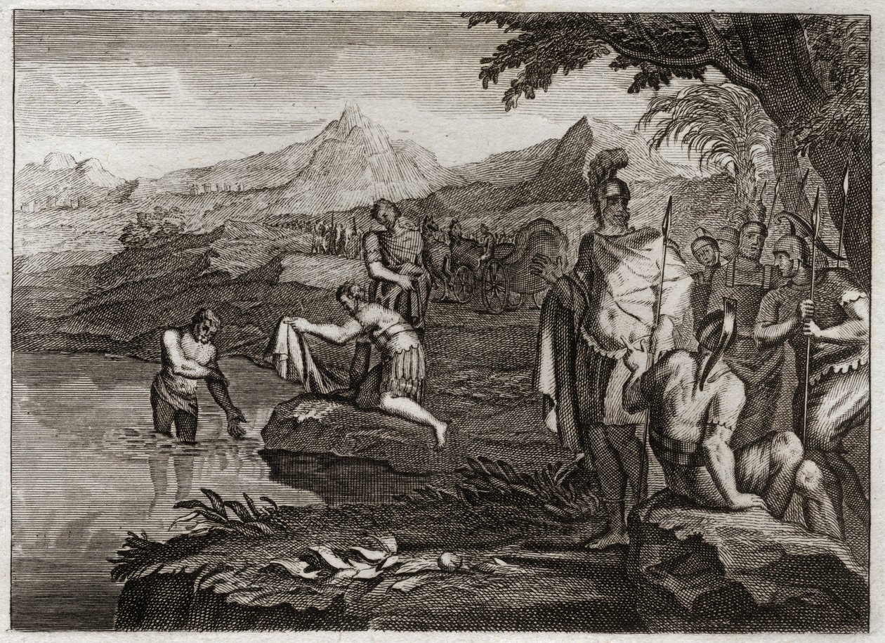Biblia Royaumont, Stary Testament: Wojna Naamana. Naaman, generał armii króla Syrii, przybył, by znaleźć proroka Elizeusza, aby został uzdrowiony z trądu. Ilustracja z 1811 roku. autorstwa Unknown artist