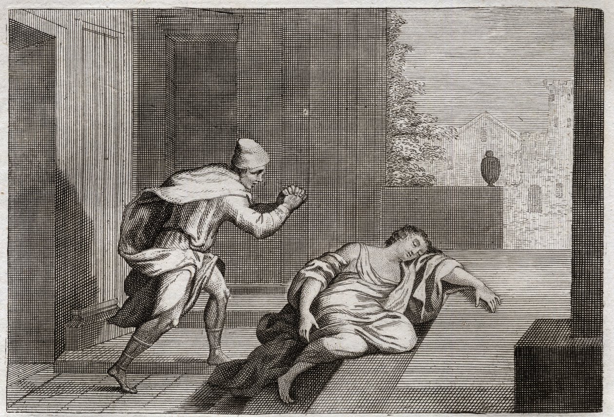 Biblia Royaumont, Stary Testament: Kobieta z lewity zniewagi. Żona Lewity została znaleziona martwa przy drzwiach po znęcaniu się przez bandytów. Ilustracja z 1811 roku. autorstwa Unknown artist