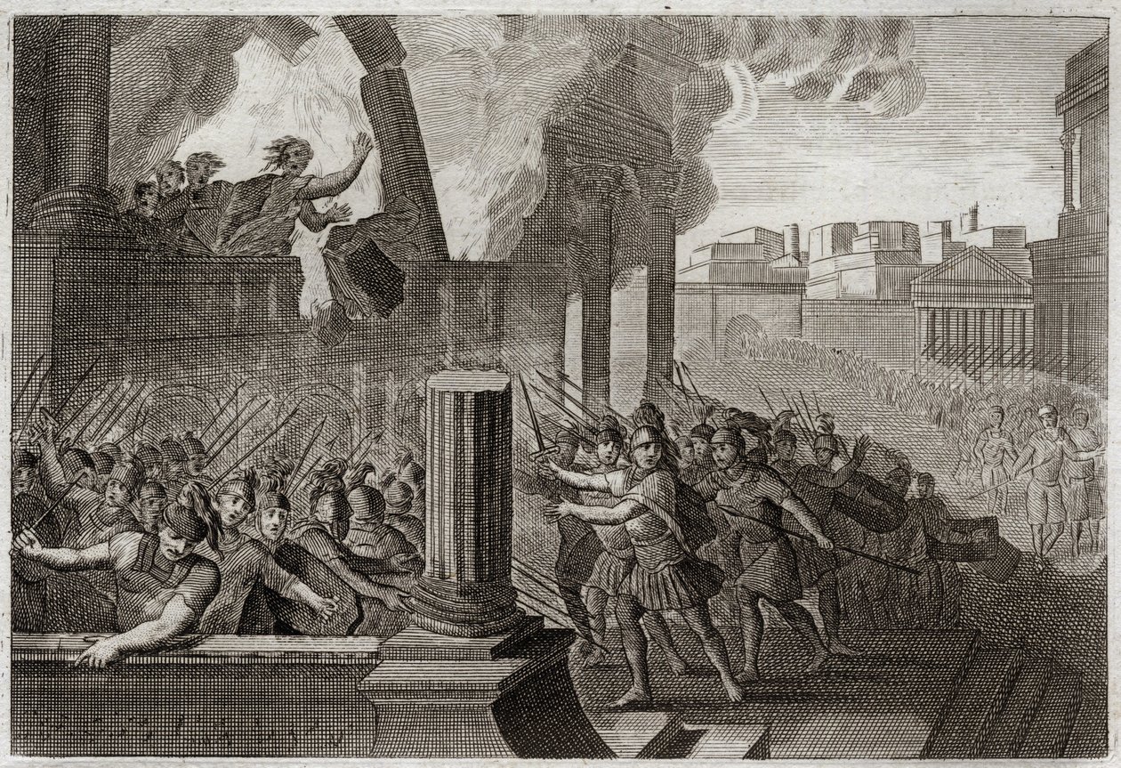 Biblia Royaumont, Stary Testament: oparzenia Zambri. Zambri, zbuntowany przeciwko Eli, czwartemu królowi Izraela, oblega Tersę, gdzie spala się wraz z całą rodziną w swoim pałacu. Ilustracja z 1811 roku. autorstwa Unknown artist