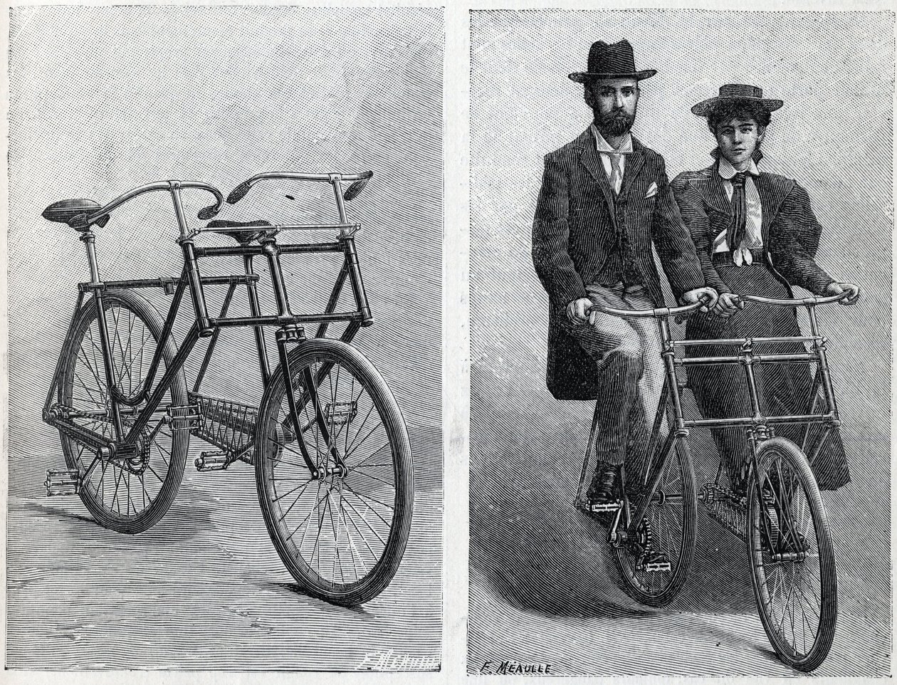 Rower posiada dwa foteliki produkcji „Punnett Cycle” bez iz rowerzystami. Grawerowanie w „”La Nature”” autorstwa Unknown artist