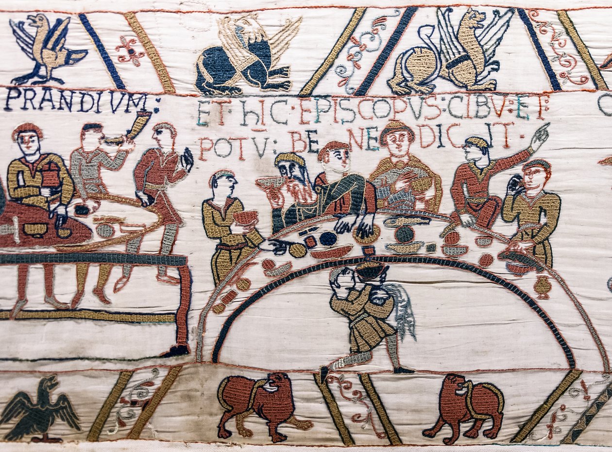 Biskup Odo błogosławi jedzenie i wino, gobelin z Bayeux (haft z wełny na płótnie) autorstwa Unknown artist