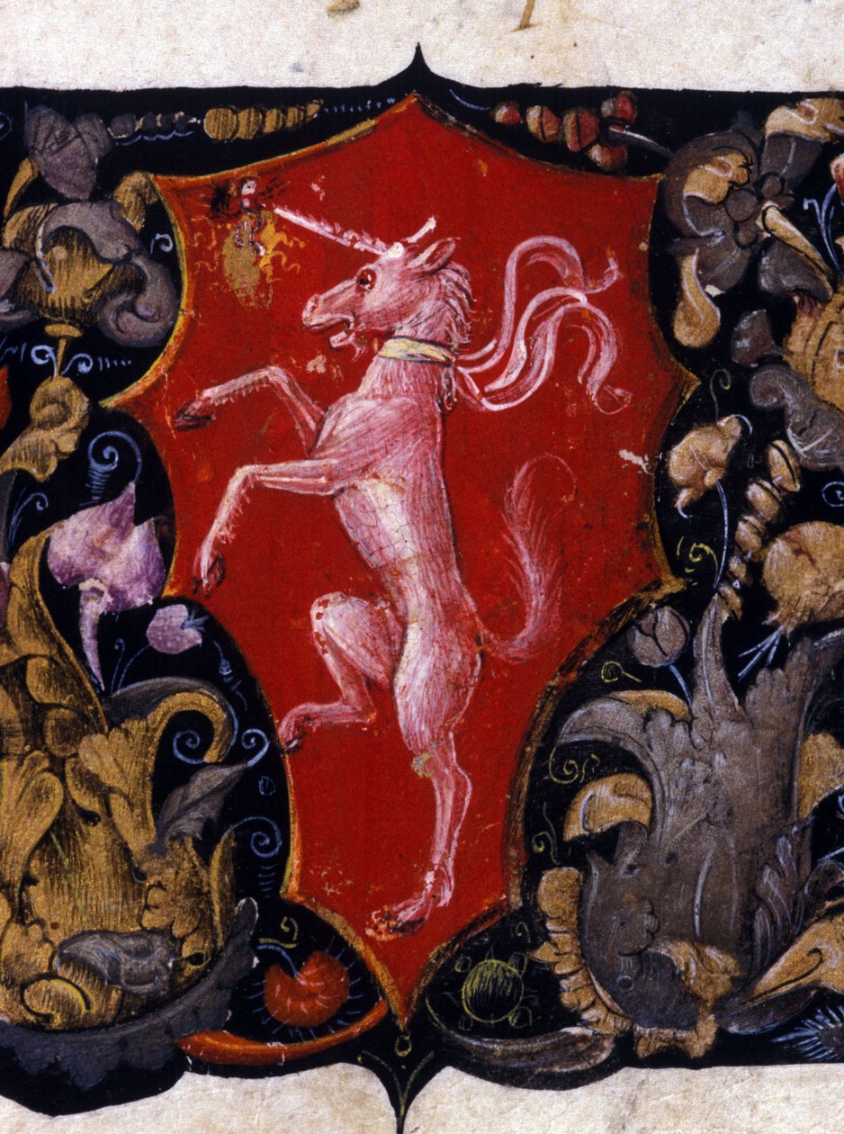 Blazon dekorujący jednorożca na czerwonym tle. Szczegół miniatury. XV wiek autorstwa Unknown artist