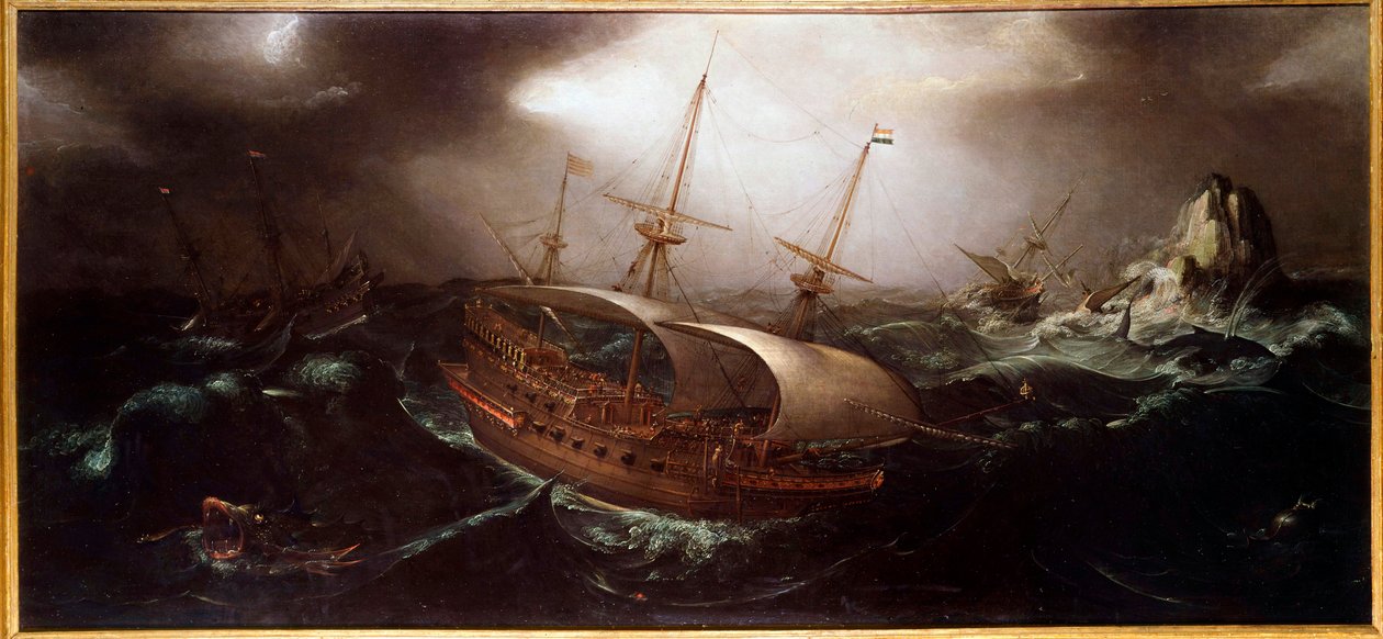 Łodzie w obrazie Tempete Anonim. XVII-wieczny Paryż, muzeum morskie autorstwa Unknown artist
