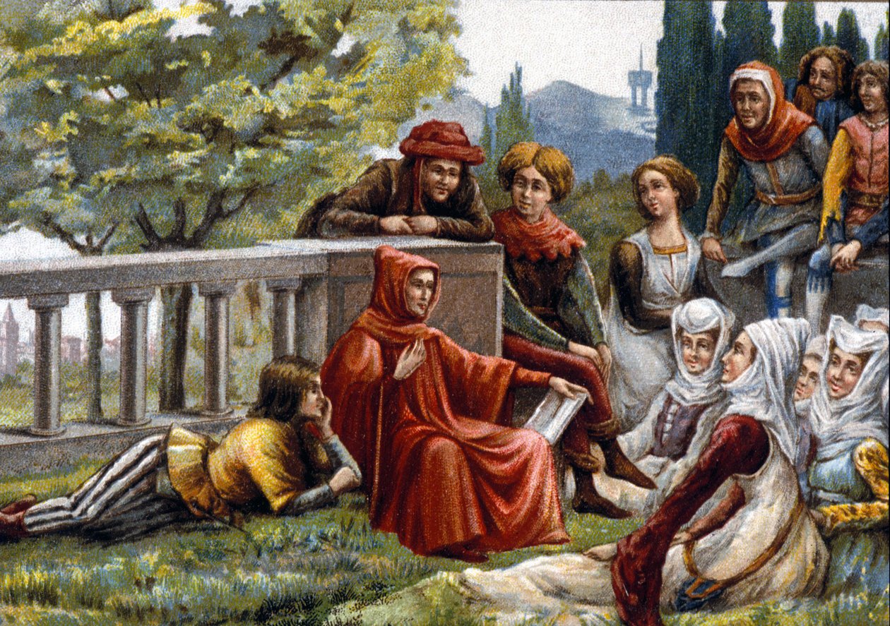Boccaccio (Boccaccio) czytający dekameron swoim przyjaciołom podczas epidemii dżumy we Florencji około 1348 r. chromolitografia z końca XIX wieku. autorstwa Unknown artist