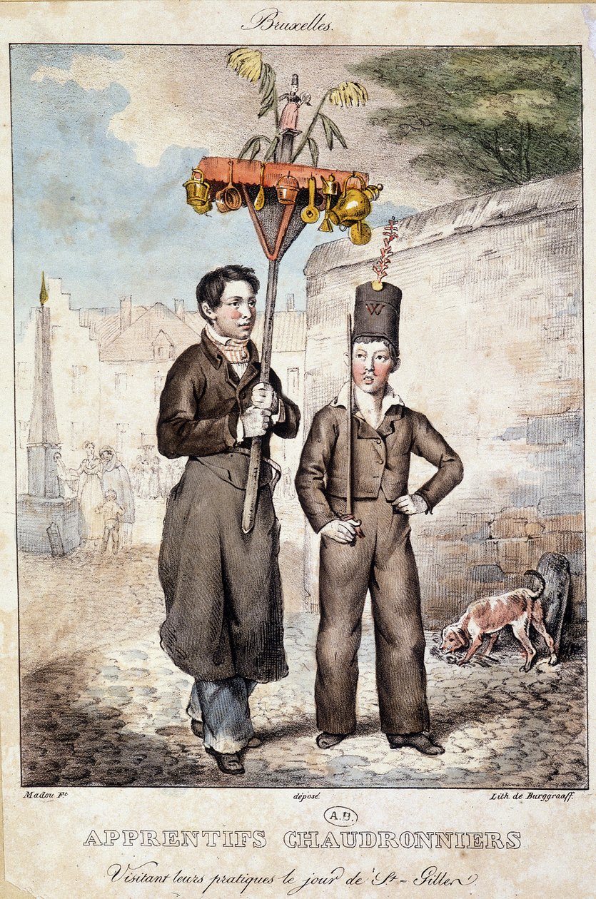 Praktykanci kotlarzy odwiedzający swoje praktyki w dniu St Gillen (Bruksela) - Litografia, deb. 19 wiek autorstwa Unknown artist