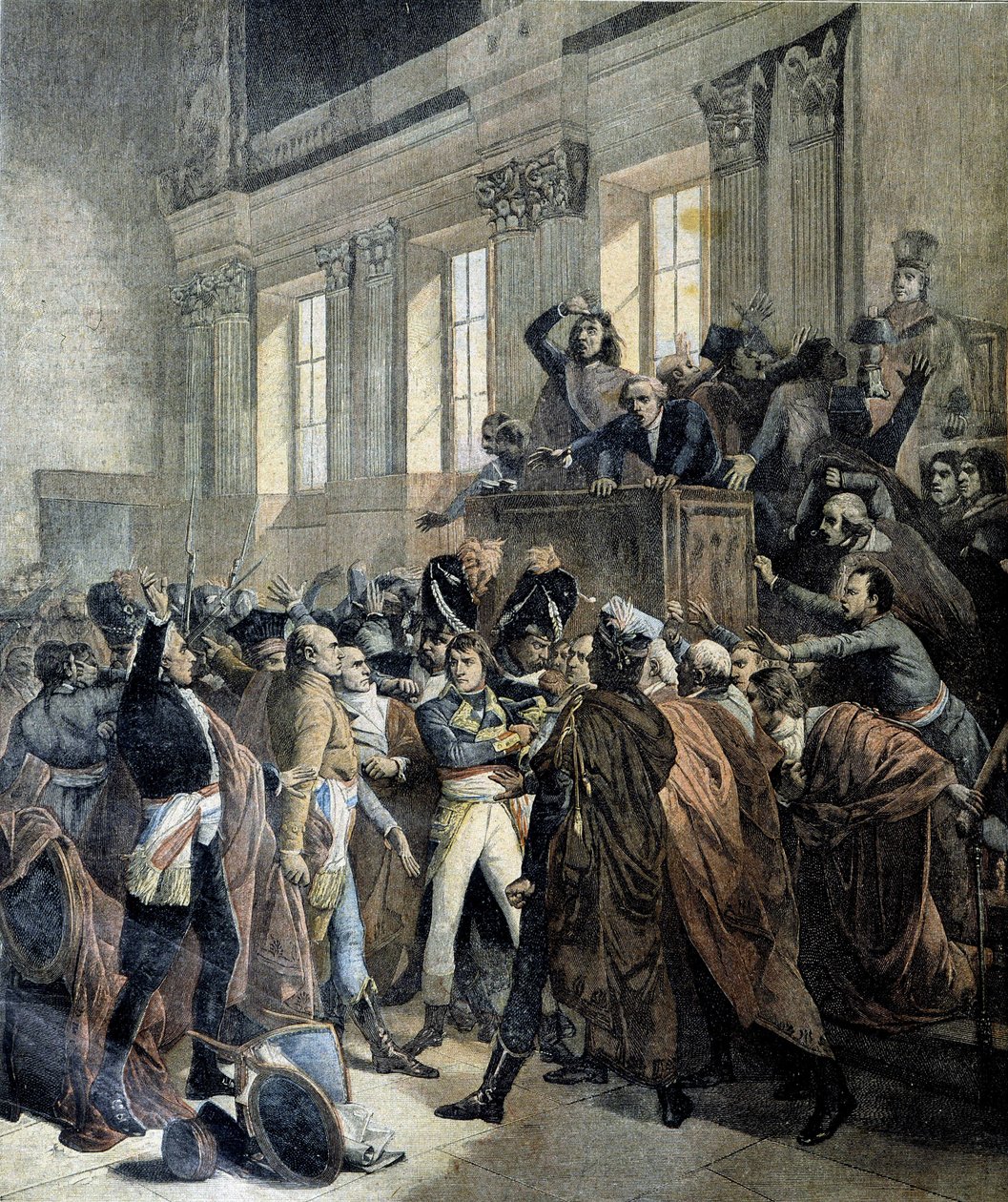 Bonaparte podczas zamachu stanu 18 brumaire w Izbie Rady Pięciu Centów (Cinq Cents) (salle des 500) Saint Cloud - w „” Le Petite Journal”, 03/1893 autorstwa Unknown artist
