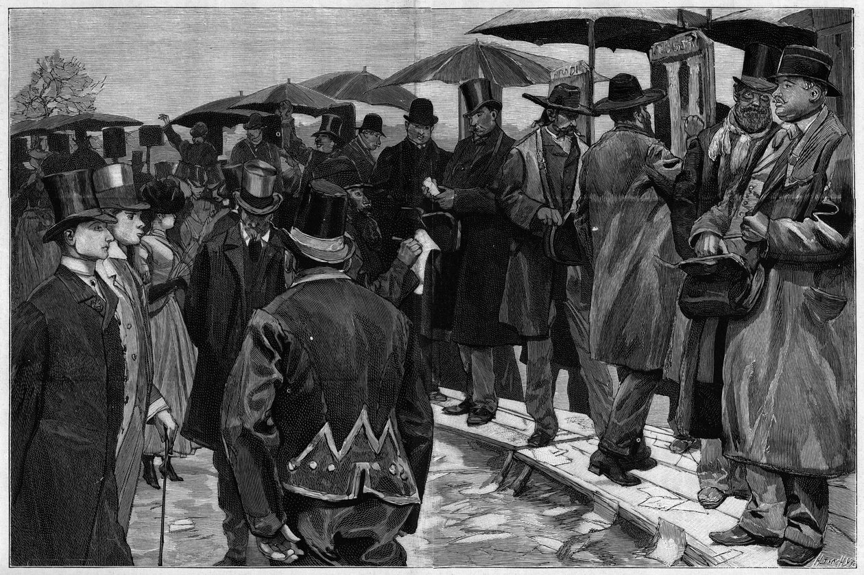 Bukmacherzy na torze wyścigowym w Auteuil przed usunięciem pikiet, w „Le Monde Illustré” 1887. autorstwa Unknown artist
