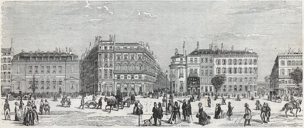 Boulevard des Italians z kawiarnią de Paris, rue Taitbout, domem doree, rue Lafitte, kawiarnią Riche i rue Lepelletier - Grawerowanie w „Tableau-de-Paris” Edmonda Texiera 1852 autorstwa Unknown artist
