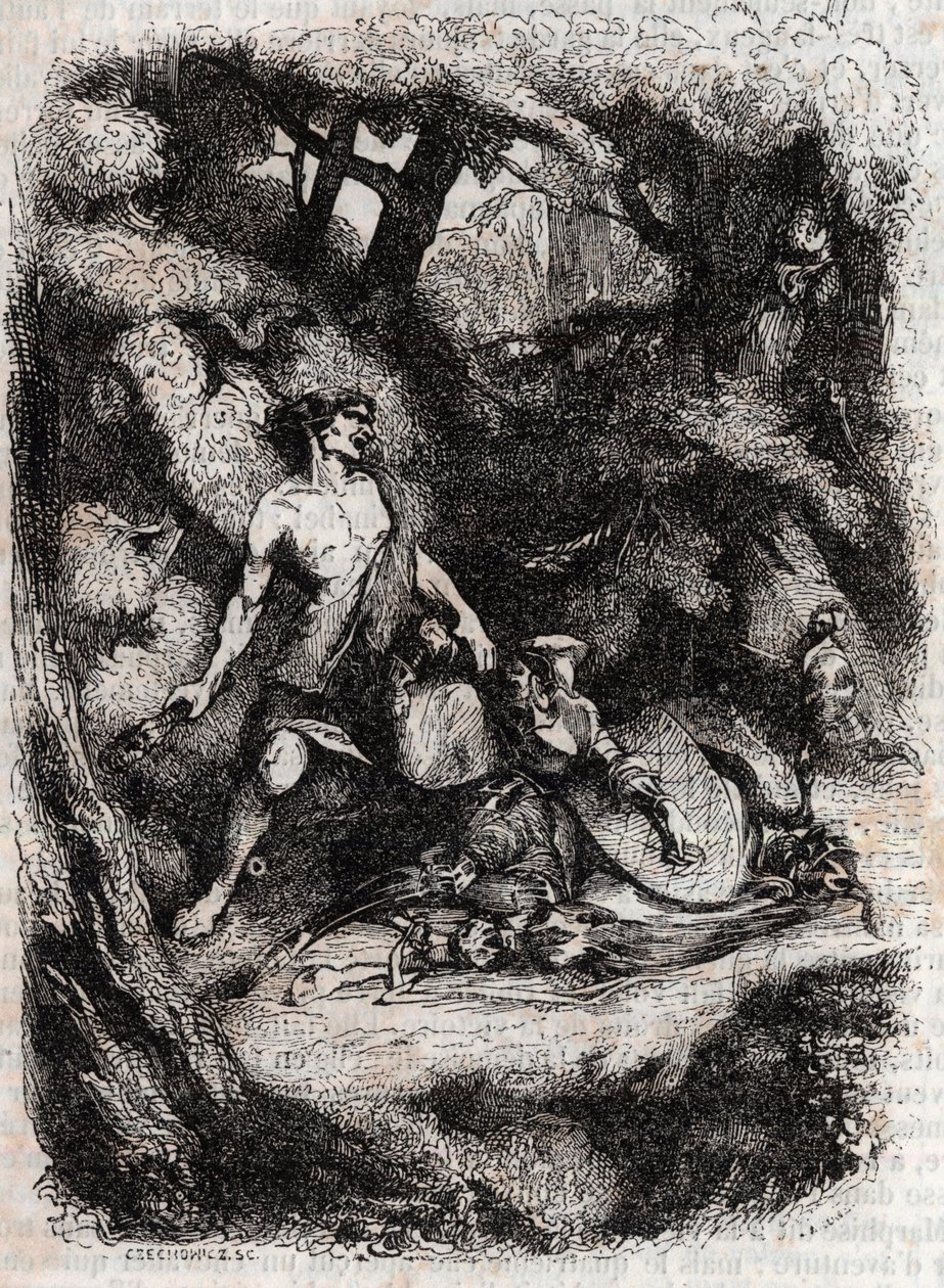 Bradamante terrassee olbrzyma - rycina z 1851 r. z „Wściekły Roland” (Orlando furioso) (XVI w.) Ludovico Ariosto, znanego jako Ariosta - Wydanie przetłumaczone z języka włoskiego przez hrabiego Tressan i wydane przez Gustave
