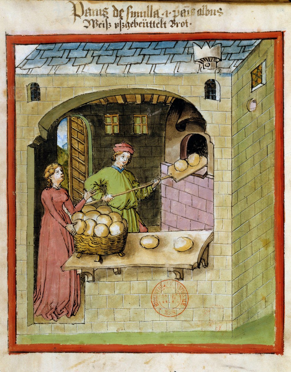 Pieczenie chleba: piekarz piecze bochenki. Oświetlenie z doju medycyny i dietetyki „”Tacuinum sanitatis”” autorstwa Unknown artist
