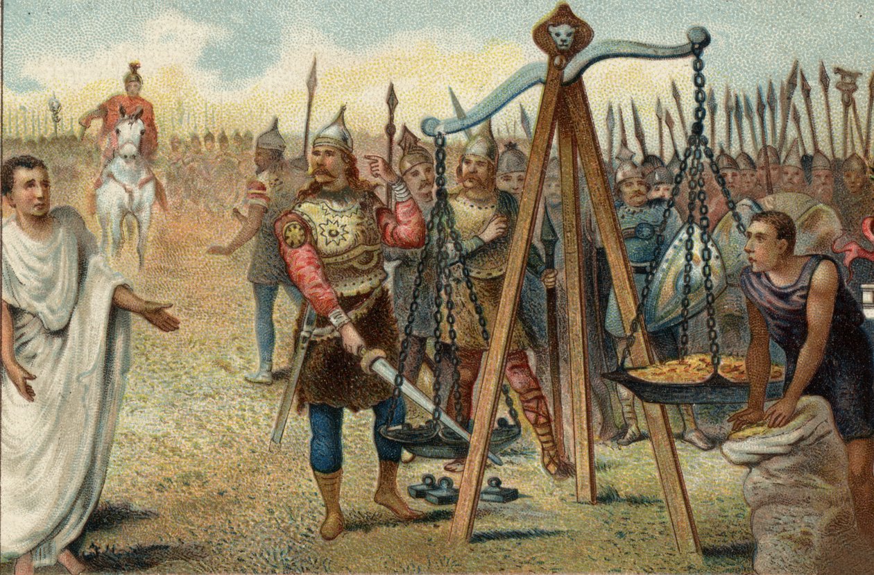 Brennus kładzie swój miecz na szali, 390 pne: złupiony Rzym przez Galów dowodzonych przez ich wodza Brennusa (Brennos). W obliczu oporu Rzymian Brennus zgodził się rozprawić z rzymskim trybunem wojskowym Kwintusem Sulpicjuszem: opuścił Rzym wbrew autorstwa Unknown artist