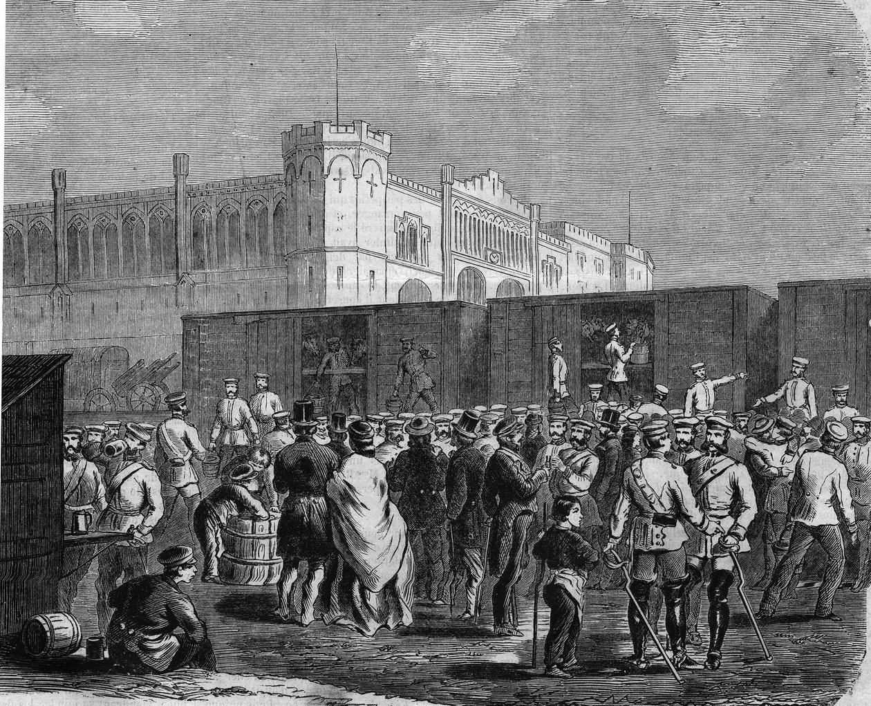 Breslau (lub Wrocław), kirasjerzy gwardii pruskiej w kampanii przeciwko Austrii w 1866 r. Grawerowanie autorstwa Unknown artist