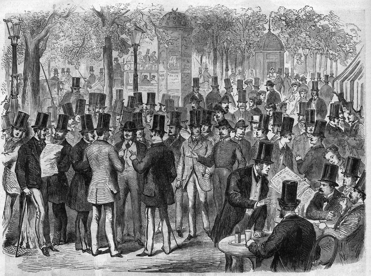 Brokerzy w pobliżu małego Bourse du Boulevard des Italians w Paryżu we Francji. Grawerowanie w „Wspaniałym Wszechświecie” autorstwa Unknown artist