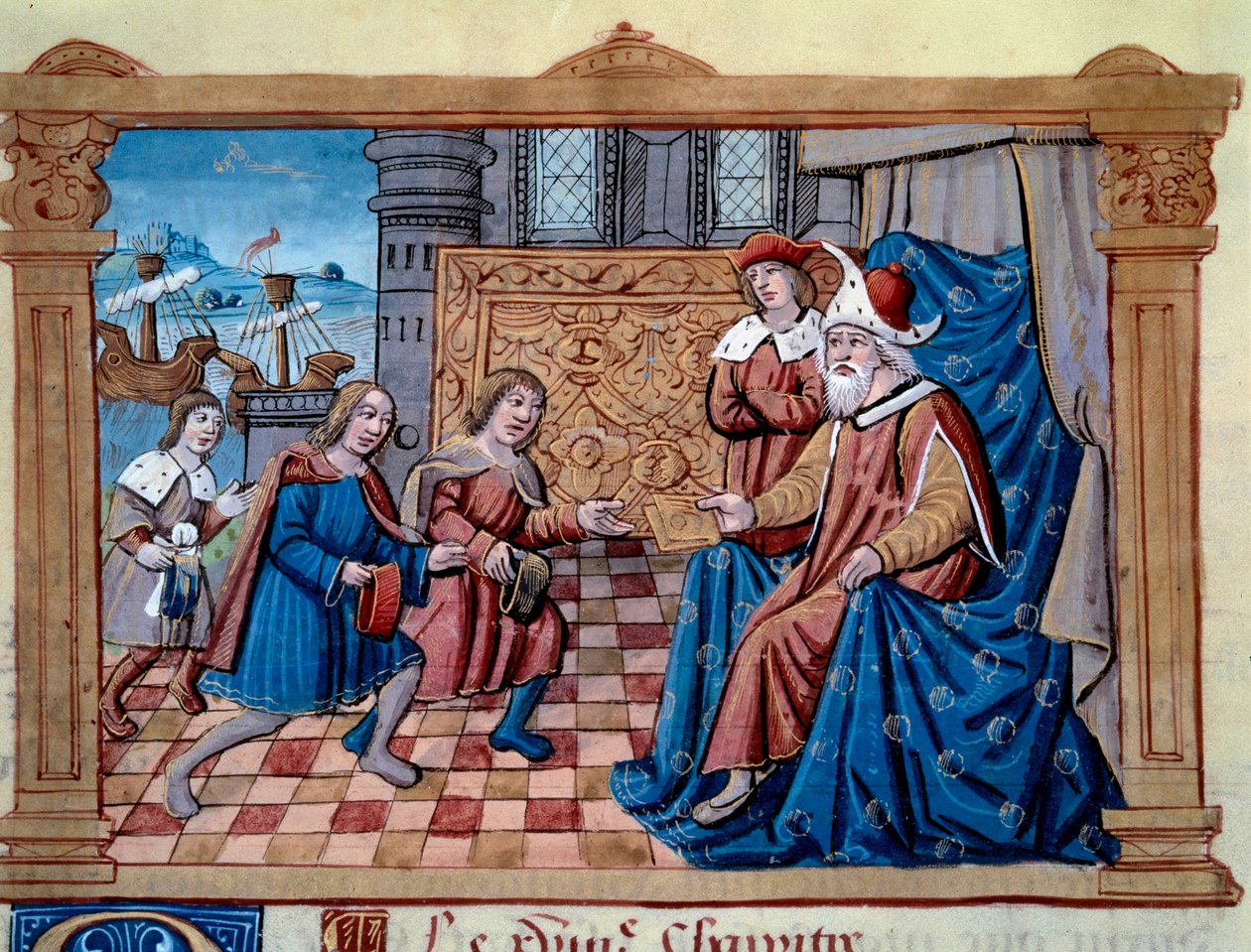 Bracia Nicolo i Matteo Polo, ojciec i wuj młodego Marco Polo (1254-1324) zostali przyjęci na dworze Qubilai (Kubilai Khan, pierwszy cesarz mongolskiej dynastii Yuan (1215-1294), cesarz mongolski w 1271 roku. Miniatura zaczerpnięte z „” B autorstwa Unknown artist