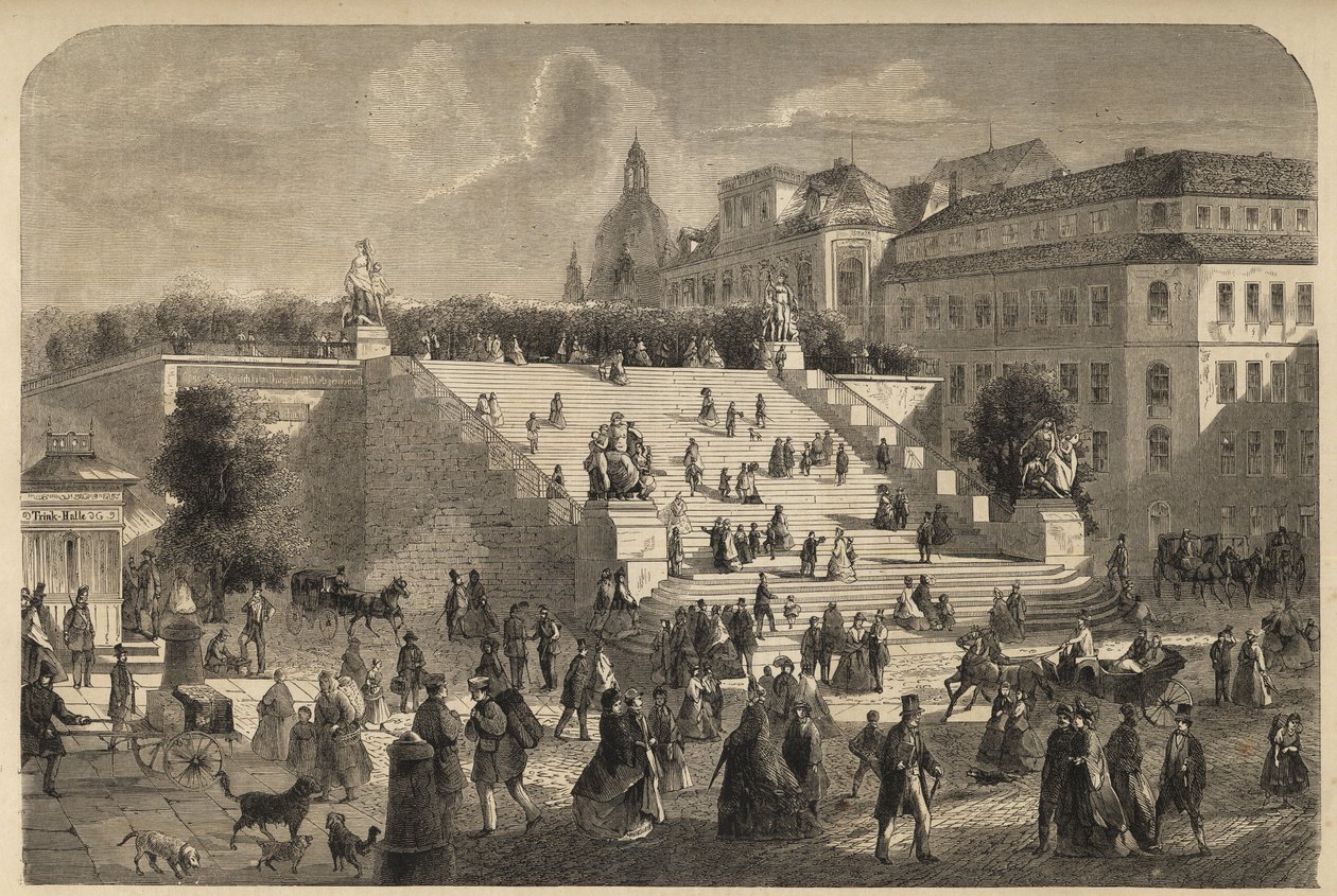 Taras Bruhla w Dreźnie, Niemcy - Duże schody tarasu Bruhla w Dreźnie w 1864 roku - autorstwa Unknown artist